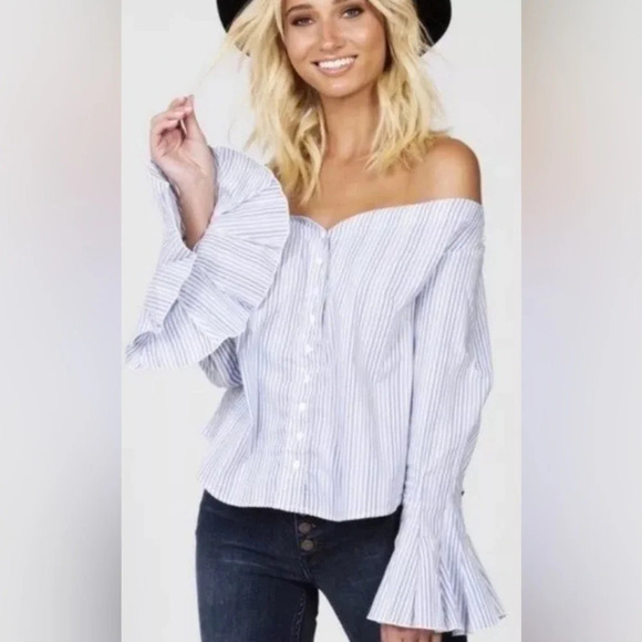 Free People March to the Beat Off the Shoulder Striped Top Bell Sleeves Sz XS - Picture 4 of 9